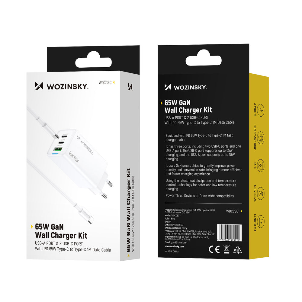 Wozinsky GaN 65W Charger with 2xUSB-C USB Ports with 65W CC Cable - White_4