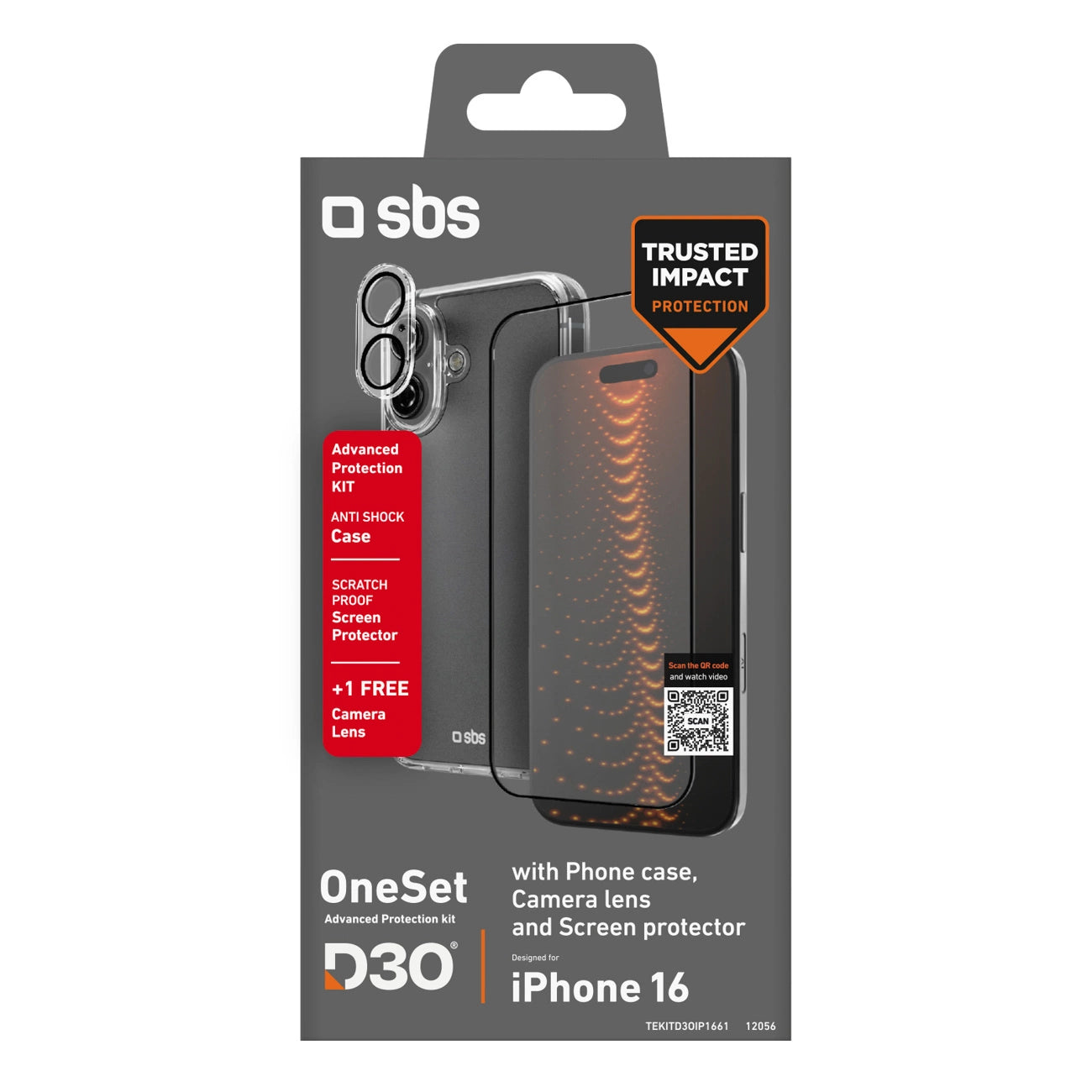 SBS set with D3O technology for iPhone 16 - case + glass screen and camera protector - transparent_1