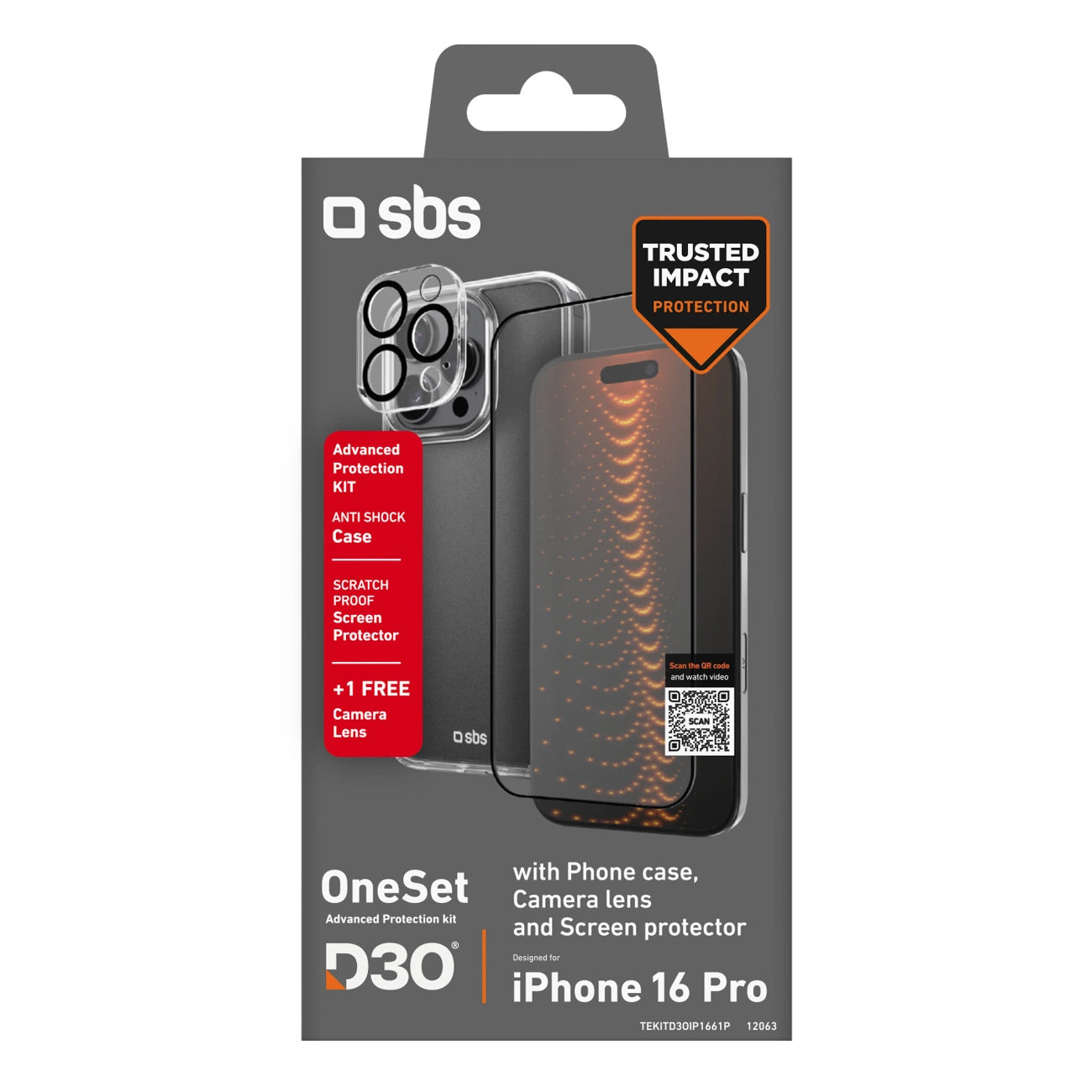 SBS set with D3O technology for iPhone 16 Pro - case + glass screen and camera protector - transparent_1
