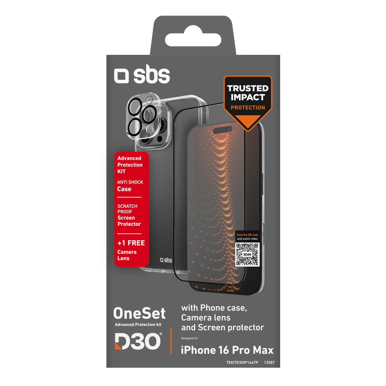 SBS set with D3O technology for iPhone 16 Pro Max - case + glass screen and camera protector - transparent_1