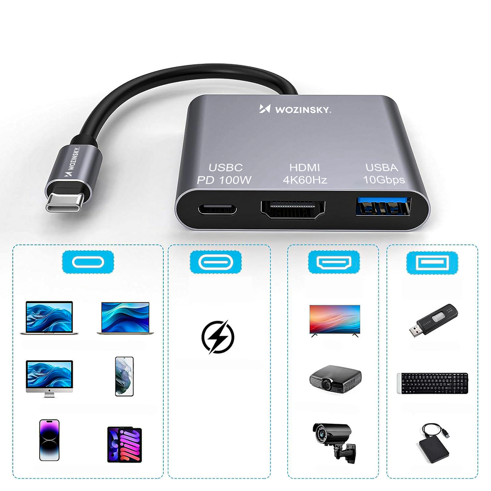 Hub Wozinsky WHCH-01 USB-C PD 100W HDMI 4K@30Hz USB-A 10Gbps - gray_4