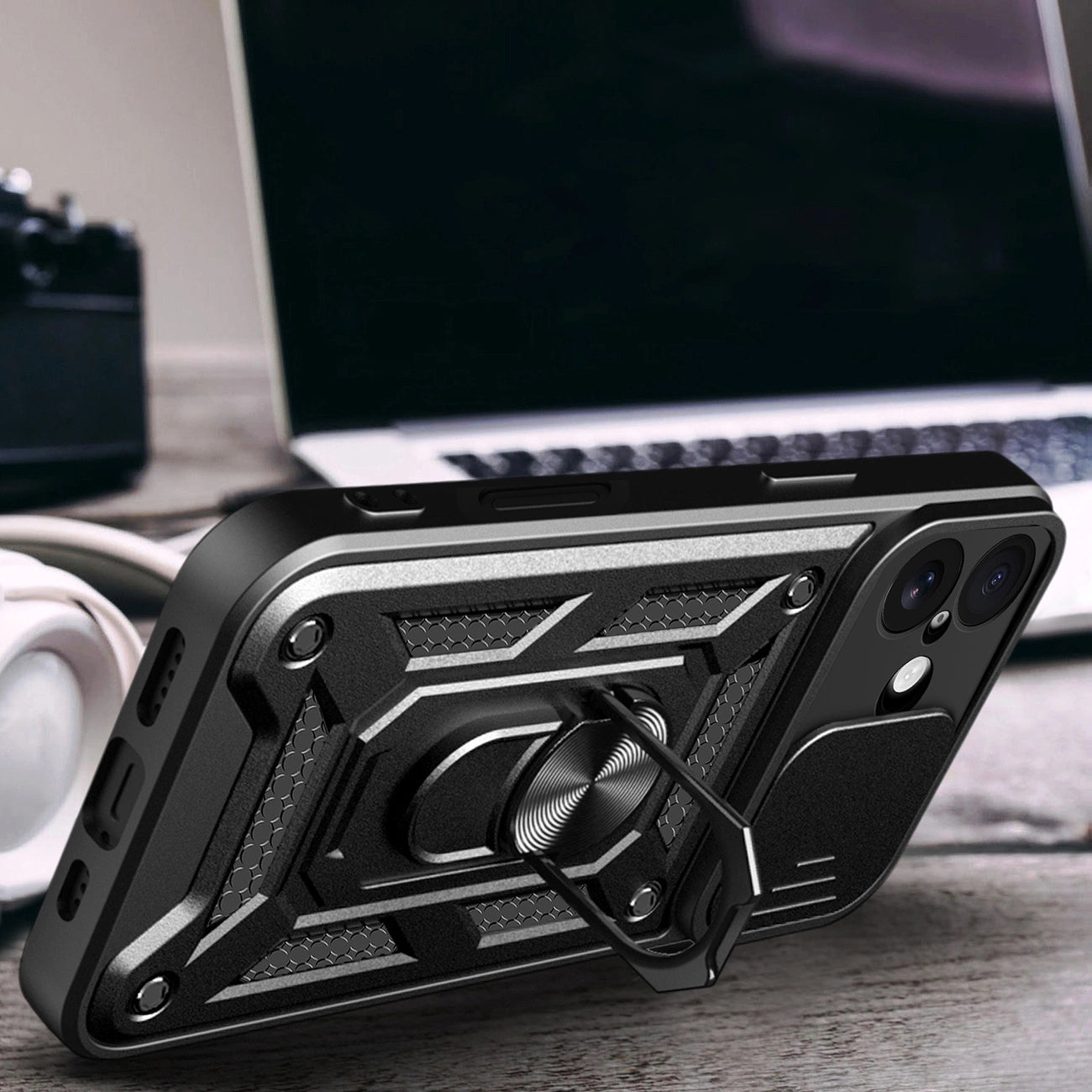 Etui Hybrid Armor Camshield na iPhone 17 pancerne z podstawką i osłoną aparatu - czarne_5