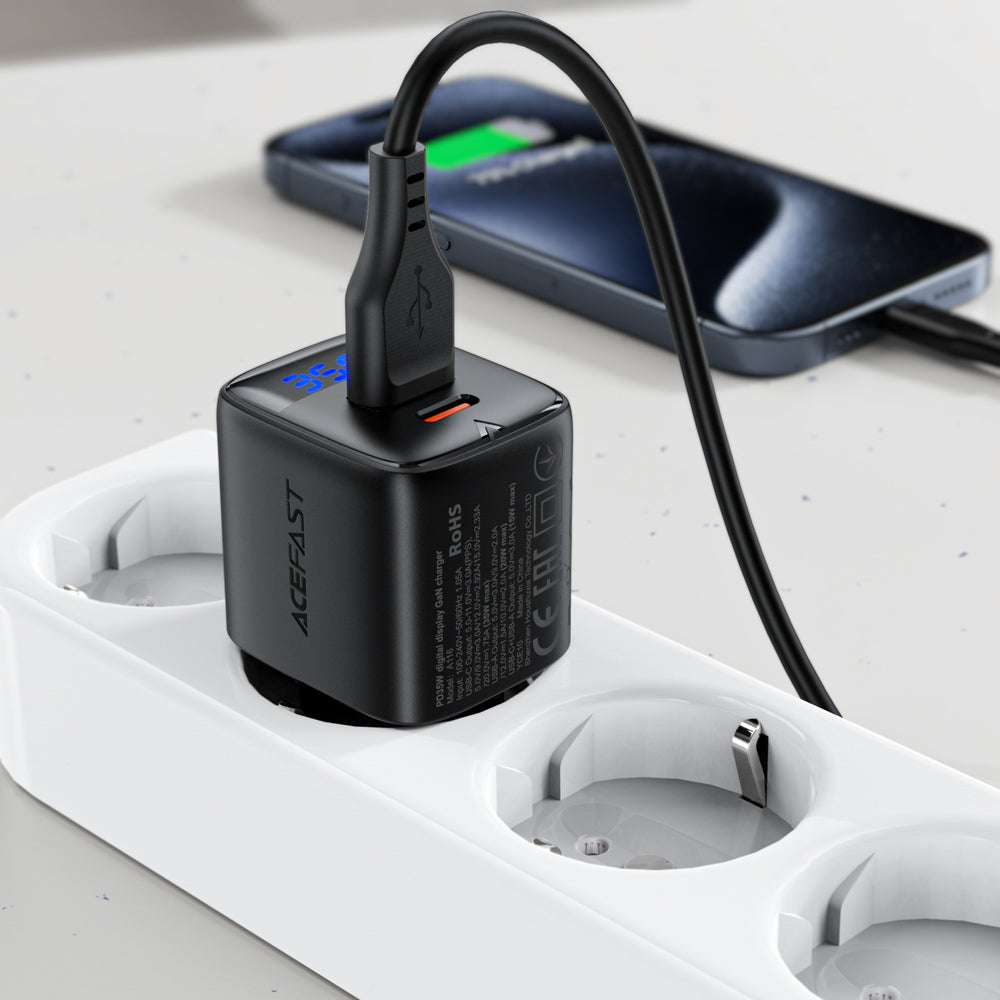 Wall Charger Acefast A116 Display, 35W, 3A, 1 x USB-A - 1 x USB-C, Black _7