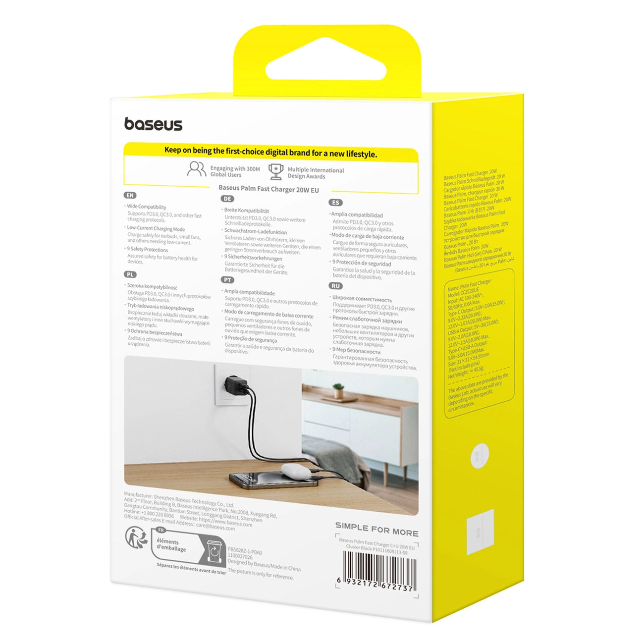 Carregador Baseus Palm USB e USB-C 20W EU / Preto / P10111608113-00_7