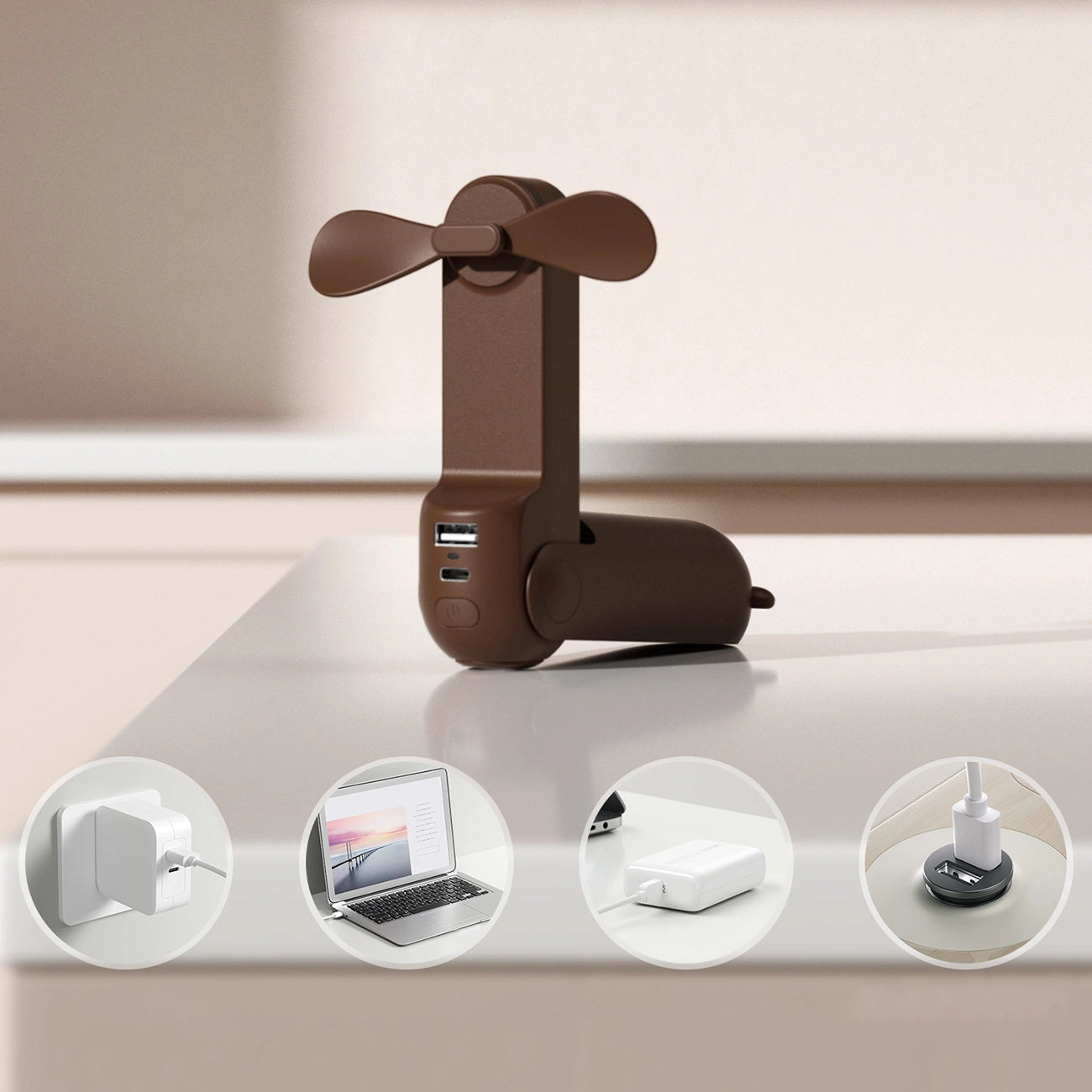 Jisulife Handheld Fan Life8 Portable USB Fan with Power Bank and Flashlight - Brown_1