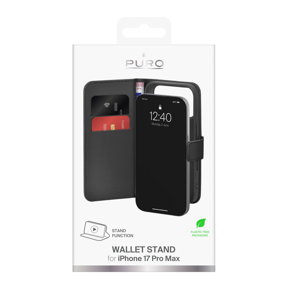 Puro Wallet Stand Case for iPhone 17 Pro Max Made of Eco-Leather, with a Flap, Wallet, and Stand Function - Black_1