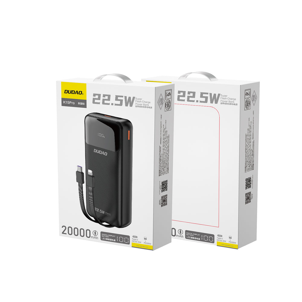 Dudao K15Pro Power Bank 20000mAh 22.5W PD USB-C / USB-A / Built-in Lightning and USB-C Cables - Black_1