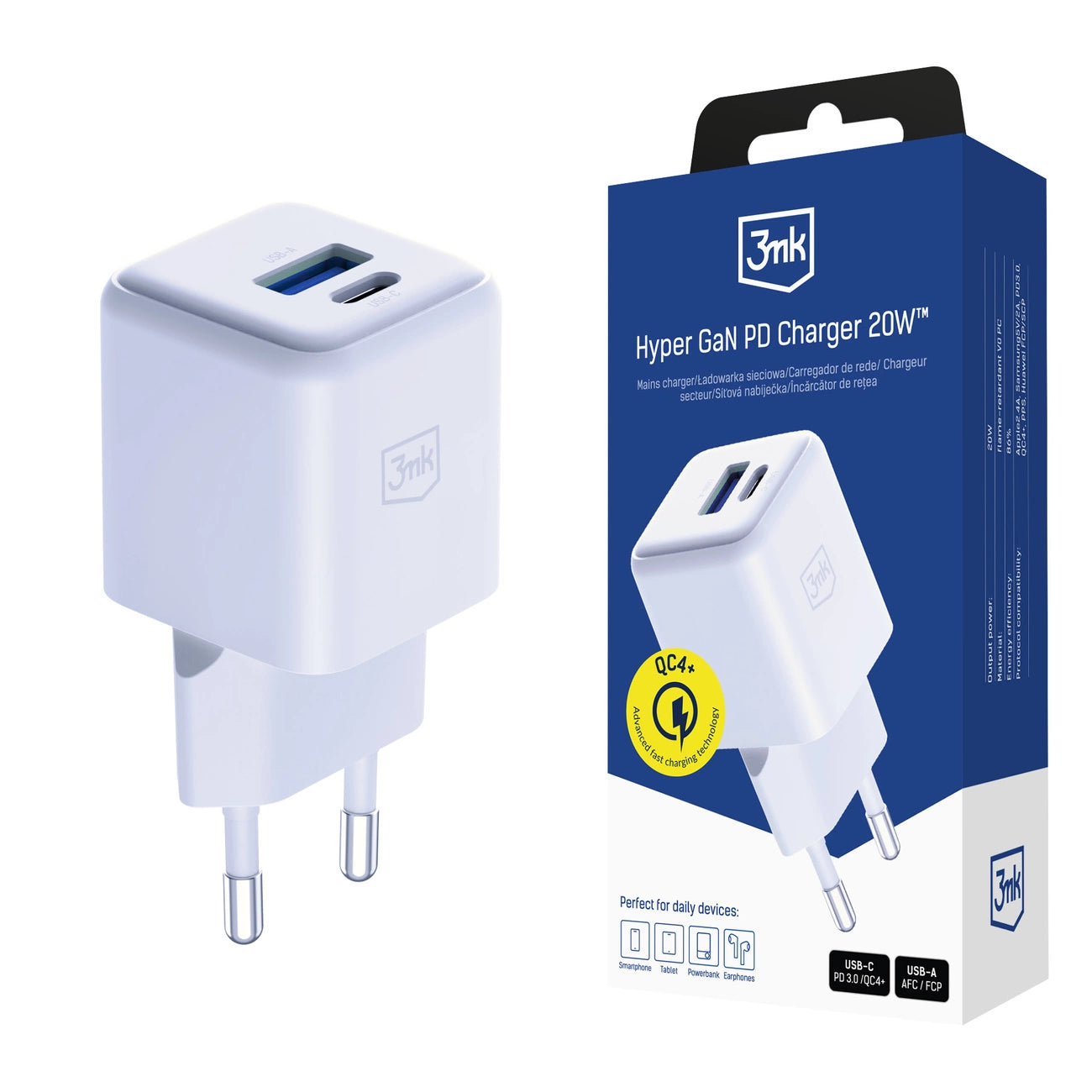 3mk Hyper GaN Charger 20W QC4+ PD PPS USB-C USB-A Wall Charger - White_0