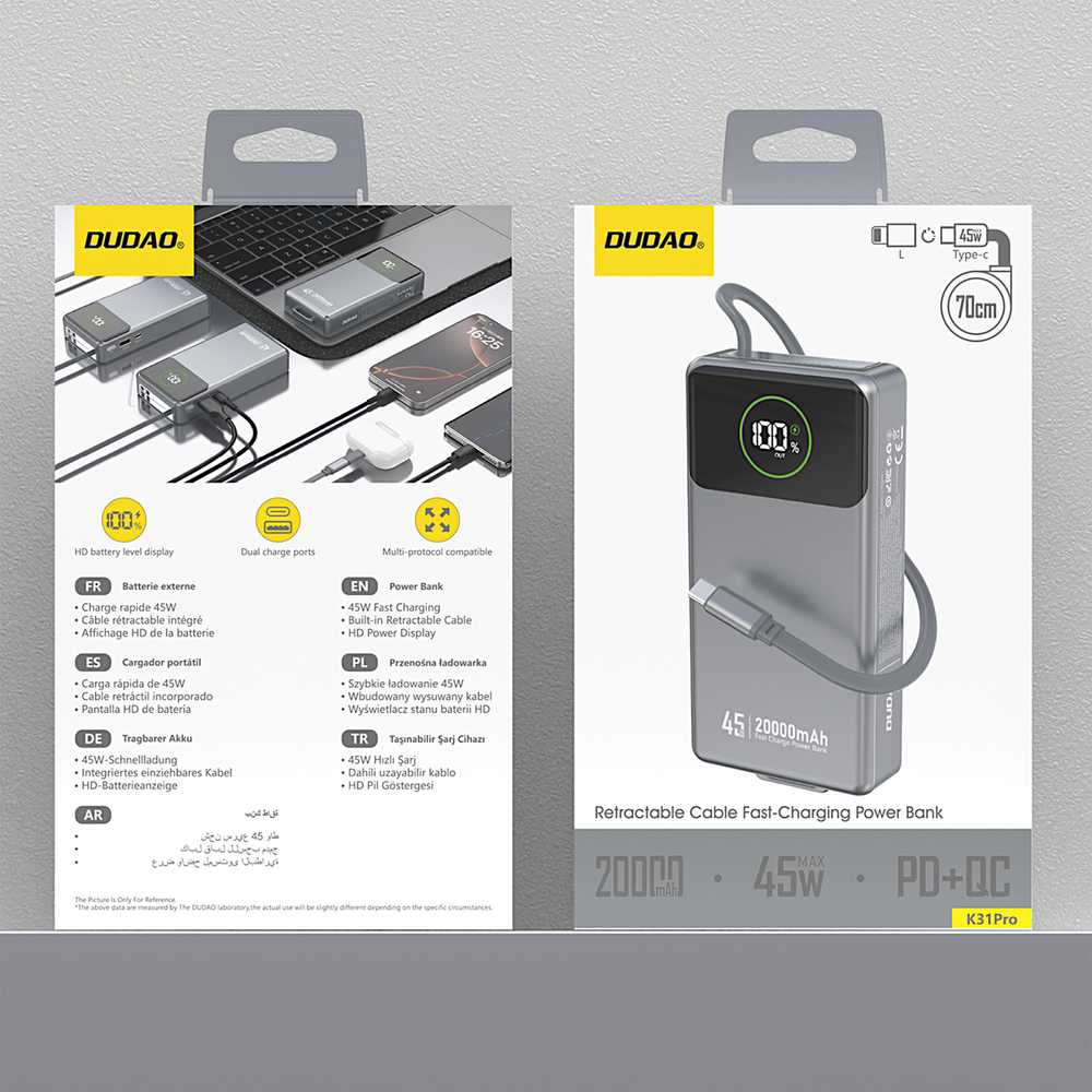 Powerbank Dudao K31 Pro 45W 20000mAh z wbudowanym zwijanym kablem USB-C - szary_1