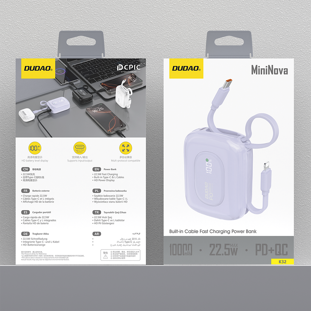 Powerbank Dudao K32 10000 mAh z wbudowanym kablem USB-C/Lightning - fioletowy_2