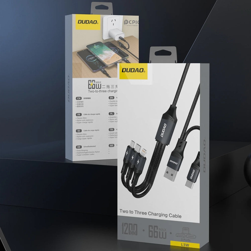 Dudao L3W USB-A/USB-C to Lightning/USB-C/MicroUSB 66W Cable - Black_3