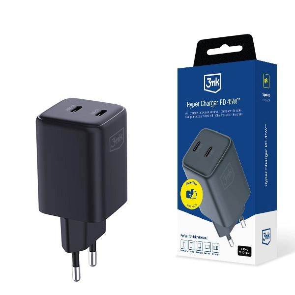 3mk Hyper Charger PD 45W QC4+ PPS 2C Super-Fast Charge 2.0 Wall Charger - Black_0