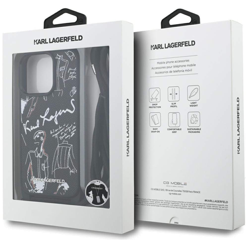 Karl Lagerfeld Crossbody Grained Pattern & Logo Case for iPhone 16 Pro Max - Black_6