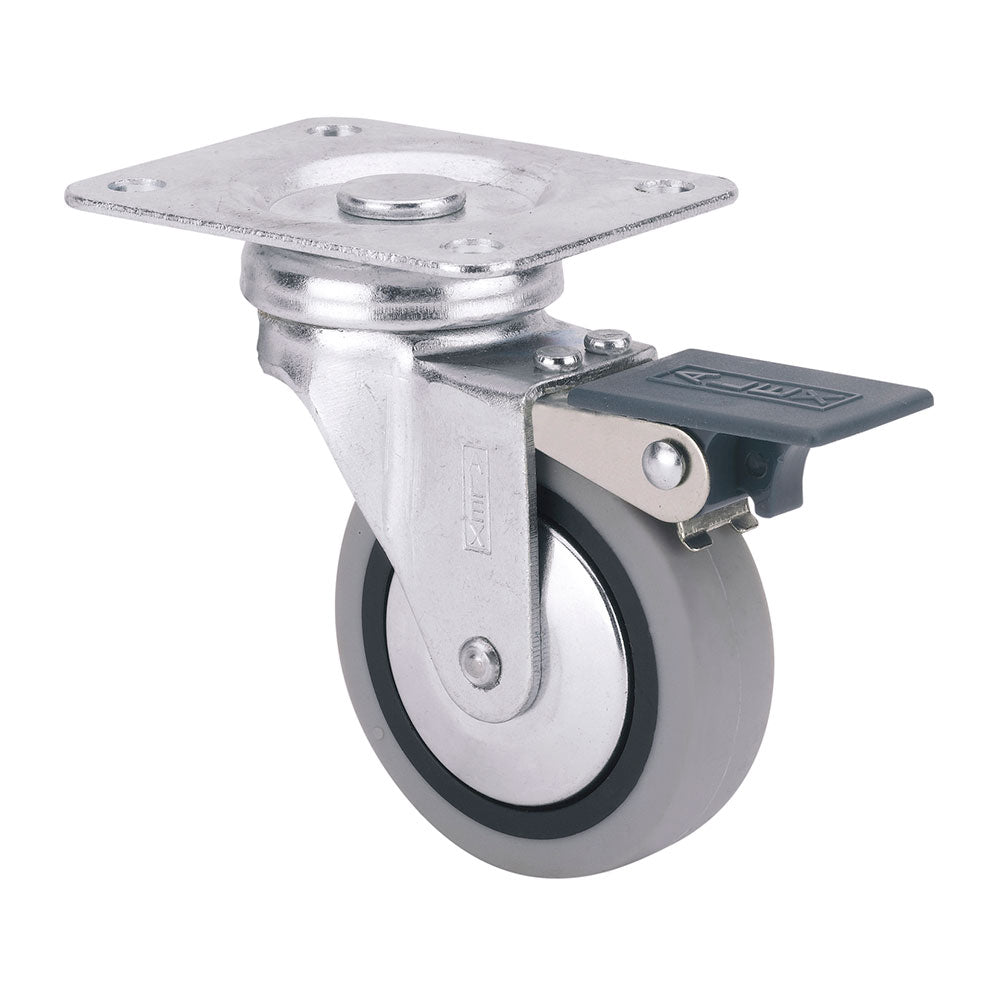 Roda giratória em borracha com placa, travão e eixo liso, cor cinza, máx. carga 17 kg, ø 4 cm_0
