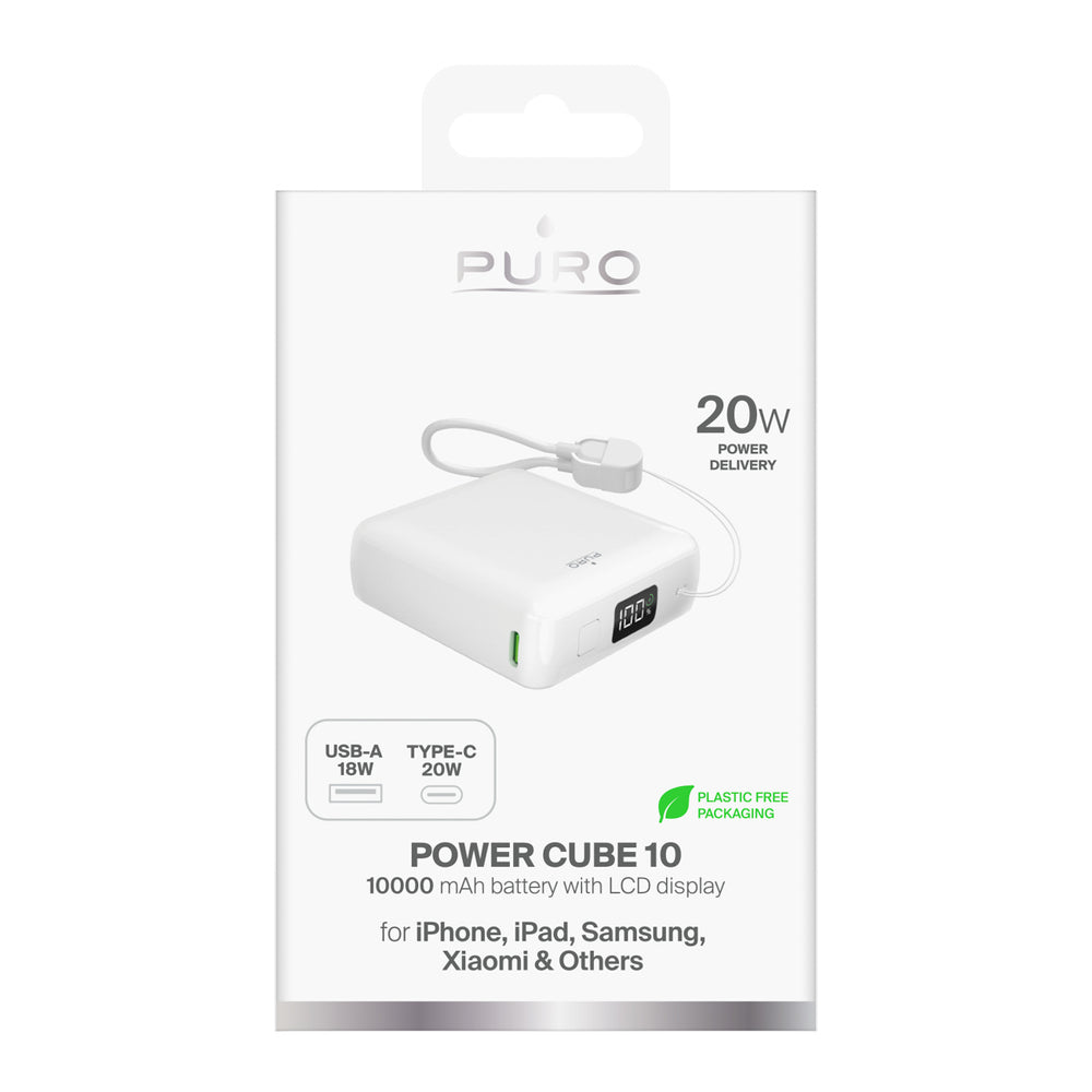 Puro 10000mAh 20W USB-C USB-A Power Bank with Display and Built-in USB-C Cable - White_1