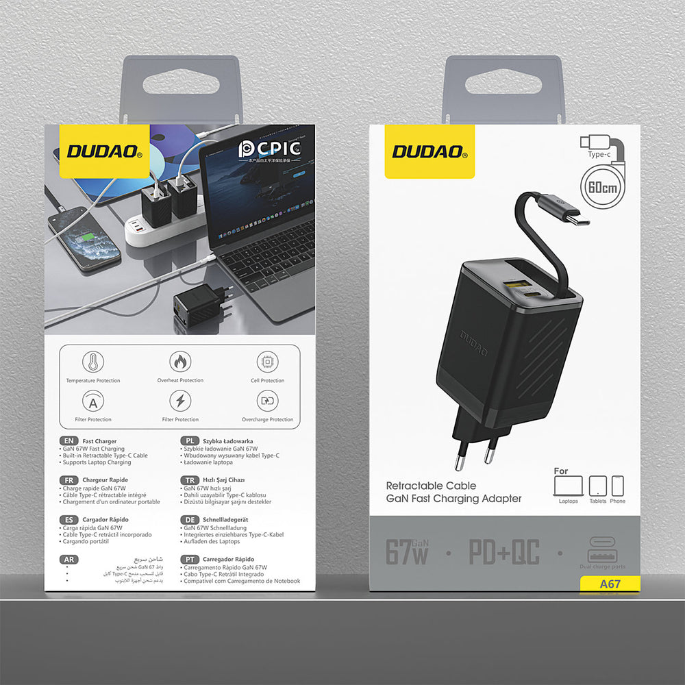 Dudao A67EU GaN 67W Wall Charger with Built-in Retractable USB-C Power Delivery Quick Charge Cable - Black_8