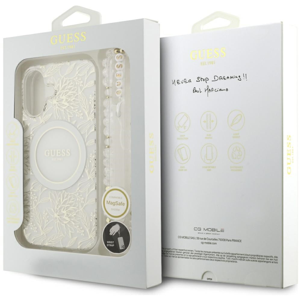 Guess IML Flowers Electro Pearl Strap MagSafe case for iPhone 17 - white_7
