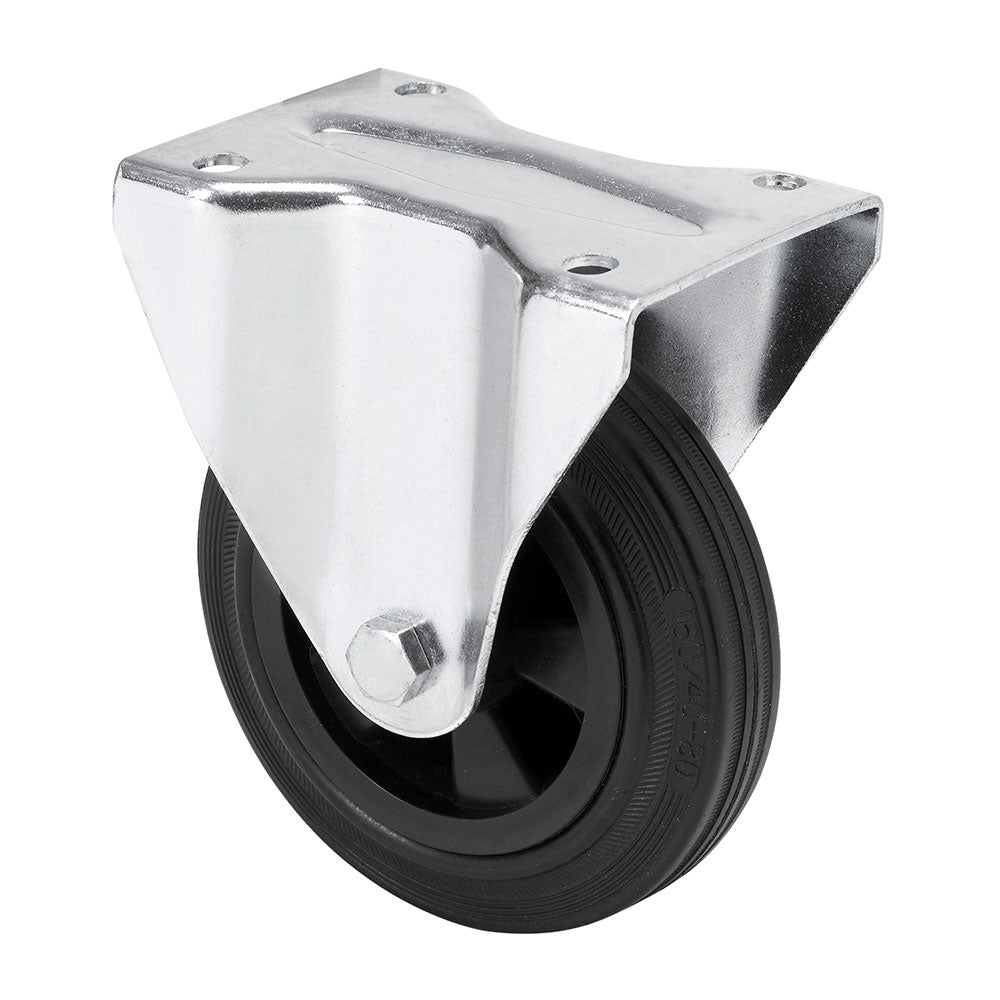 Roda fixa em borracha natural com placa e eixo liso, cor preta, carga máx. 110 kg, ø 12,5 cm_0