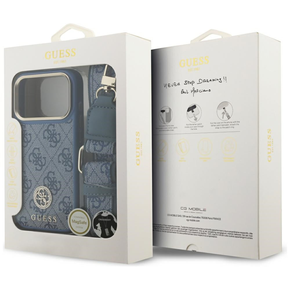 Guess 4G Strass Logo & Big Strap Metal Buttons MagSafe Case for iPhone 17 Pro - Blue_8