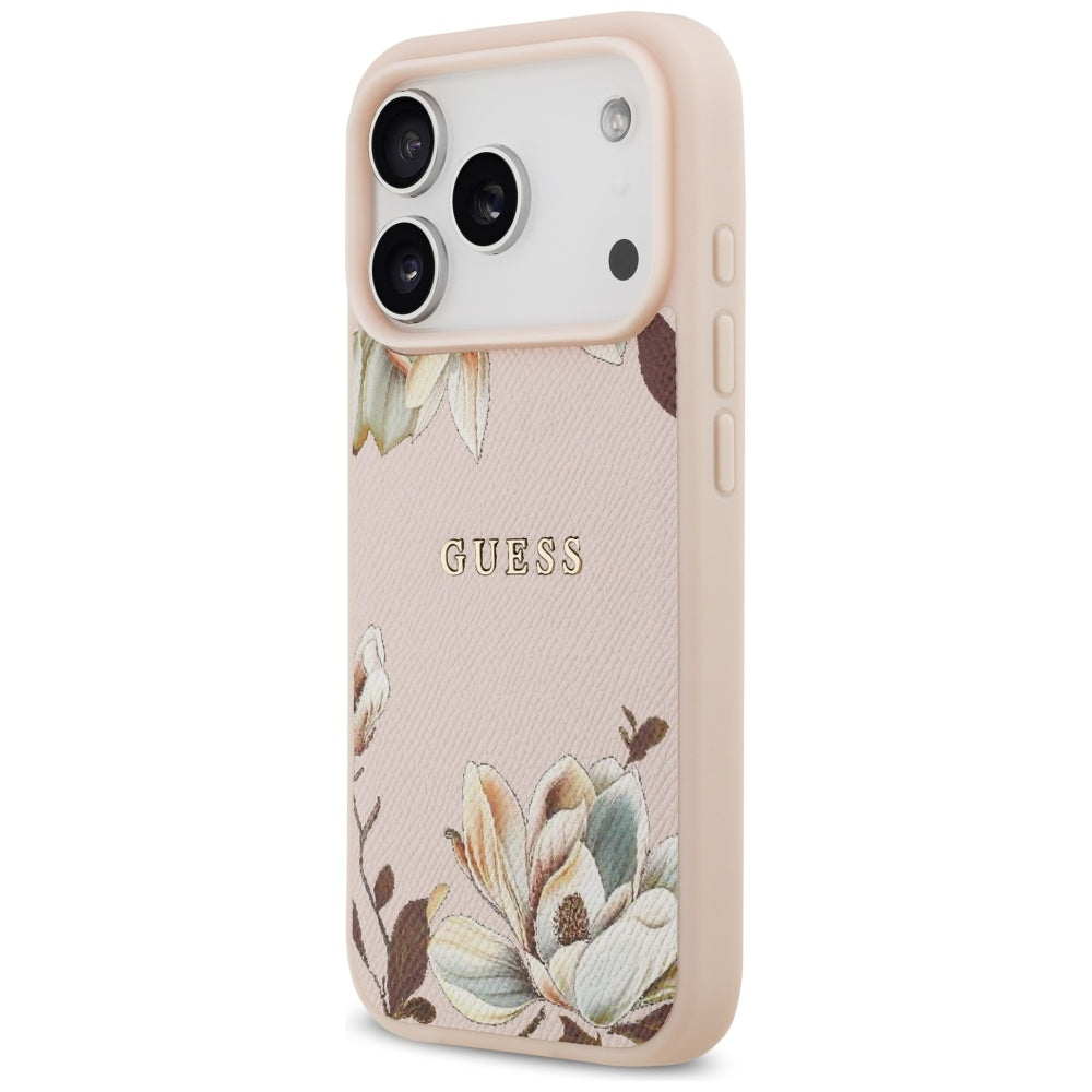 Guess Grained Flowers Classic Logo MagSafe case for iPhone 17 Pro Max - pink_1
