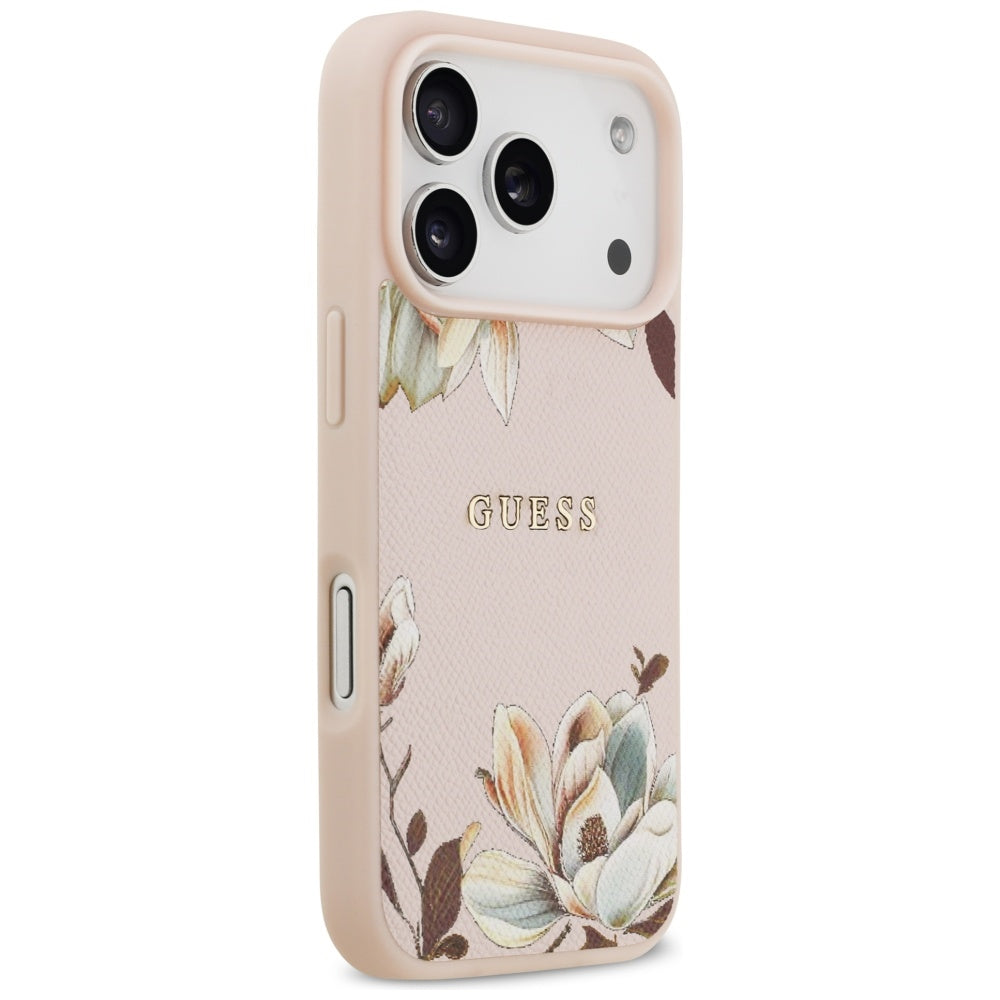 Guess Grained Flowers Classic Logo MagSafe case for iPhone 17 Pro Max - pink_3
