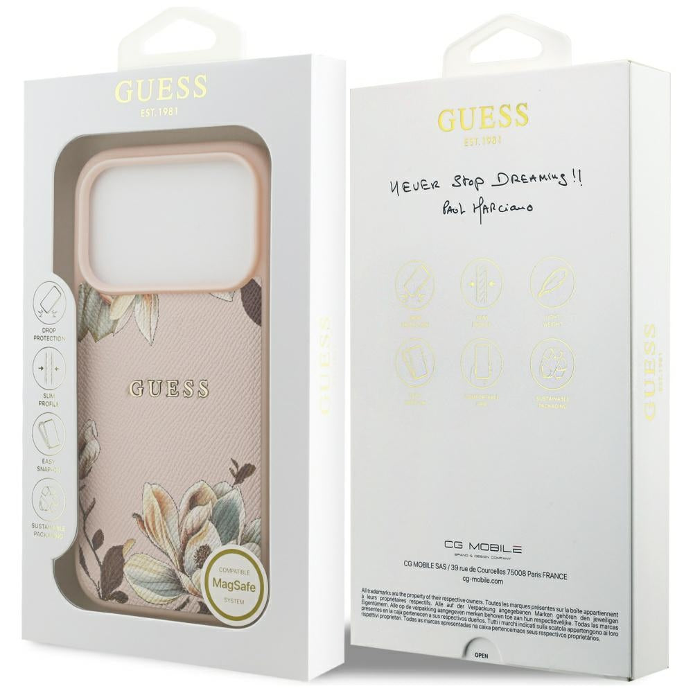 Guess Grained Flowers Classic Logo MagSafe case for iPhone 17 Pro Max - pink_7