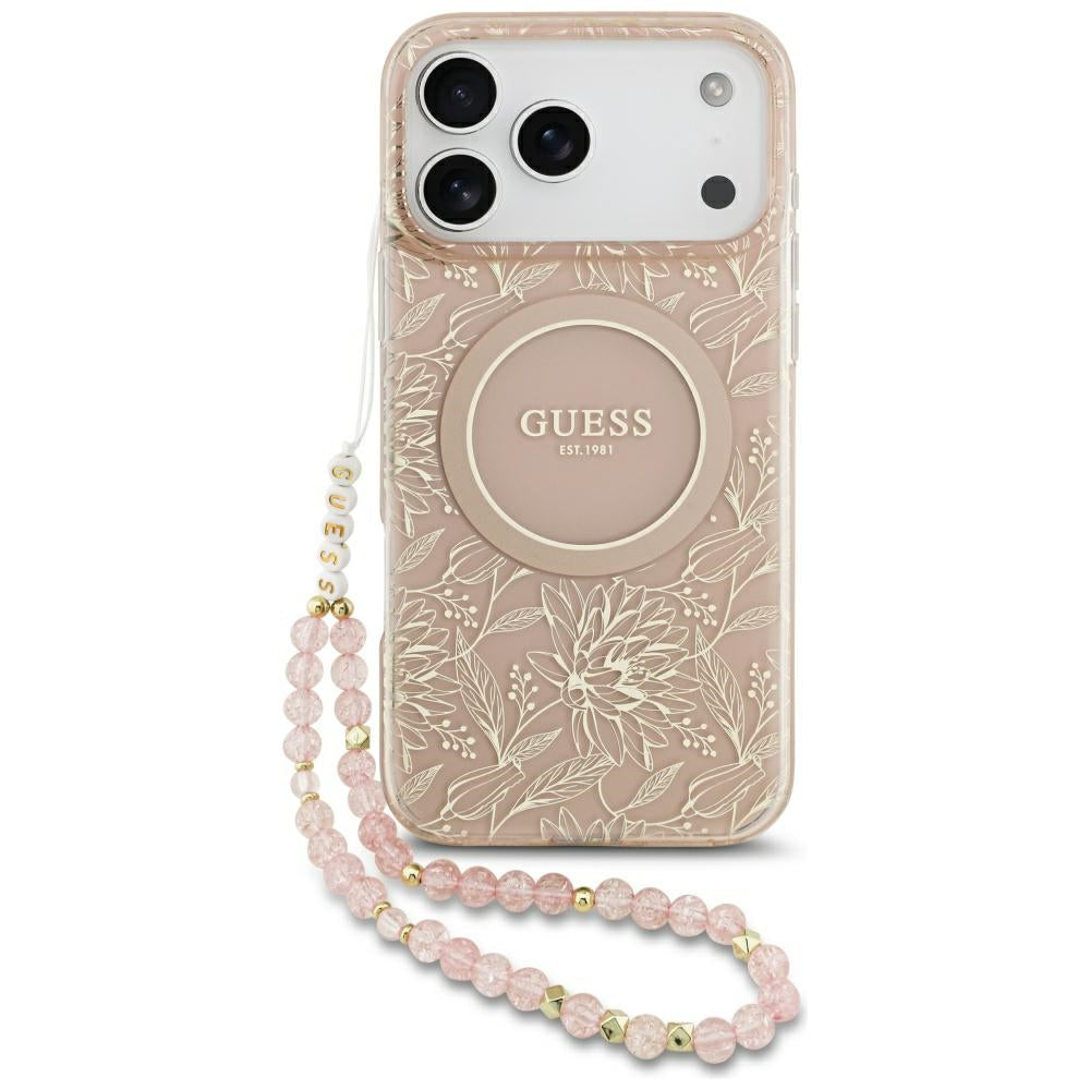 Guess IML Flowers Electro Pearl Strap MagSafe Case for iPhone 17 Pro Max - Pink_0