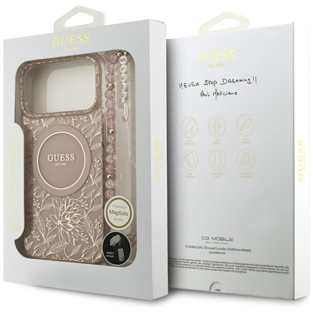 Guess IML Flowers Electro Pearl Strap MagSafe Case for iPhone 17 Pro Max - Pink_7