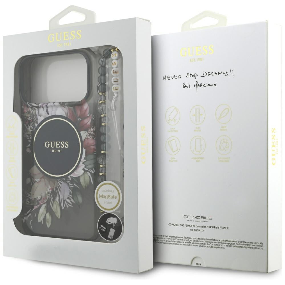 Guess IML Flowers Pearl Strap MagSafe case for iPhone 17 Pro Max - black_7