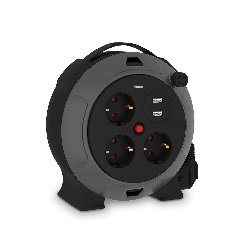 Carretel de cabo com 2 usb a, 3 tomadas 2p+tt schuko, 16 a, 230 v~, h05vv-f 3 g 1,5 mm², 5 m, preto/cinza_0