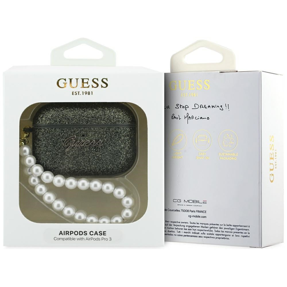 Guess Glitter Pearl Strap Case for AirPods Pro 3 - Black and Glitter_3