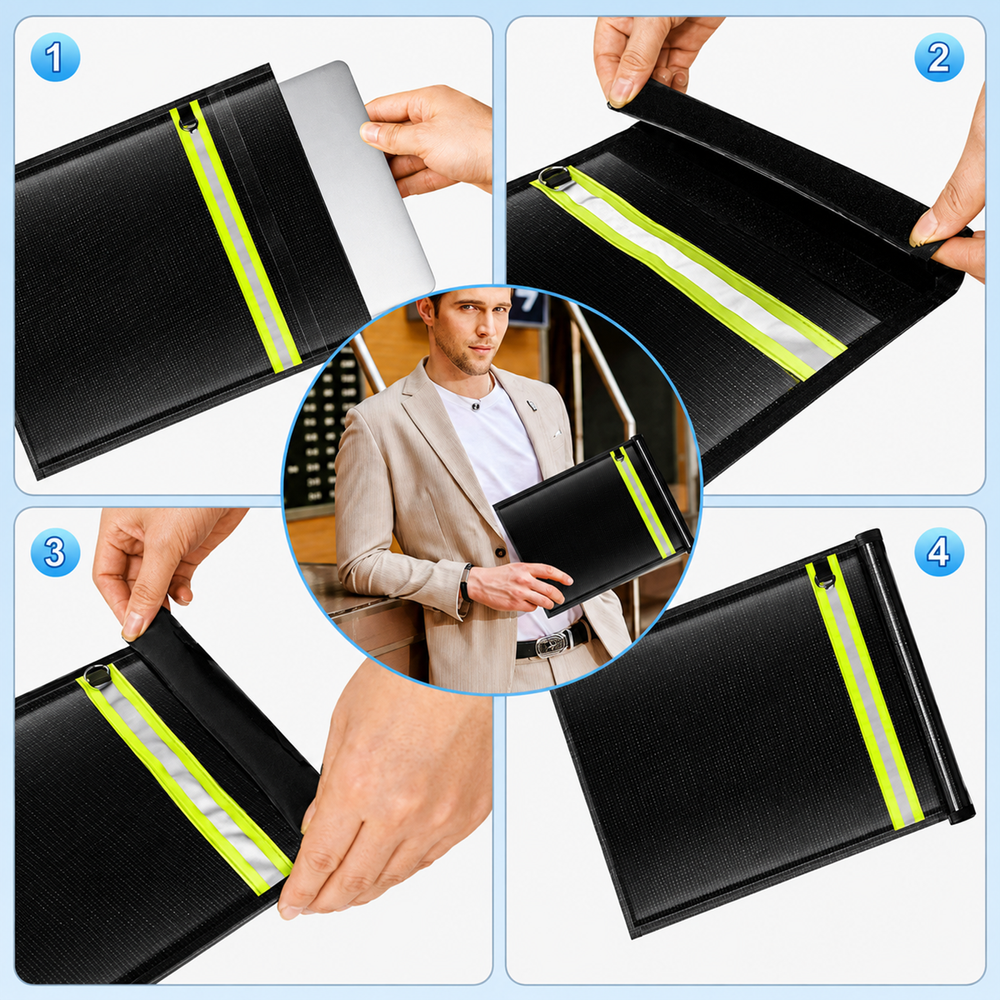 Set of 5 Fireproof RFID Blocking Bags OTN-5R with Handle and Reflector - Black_2