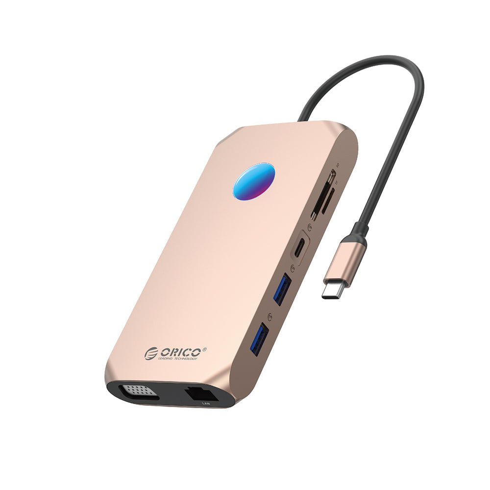 Orico XCR 12in1 RGB USB-C Docking Station 2x USB-A 3.1 1x USB-A 2.0 1x USB-C PD 100W 1x USB-C 3.1 2x HDMI 2.0 4K 60Hz 1x VGA 1080p 1x microSD/SD 3.0 1x RJ Gigabit Ethernet 1x Audio CTIA 3.5mm - Rose Gold_0