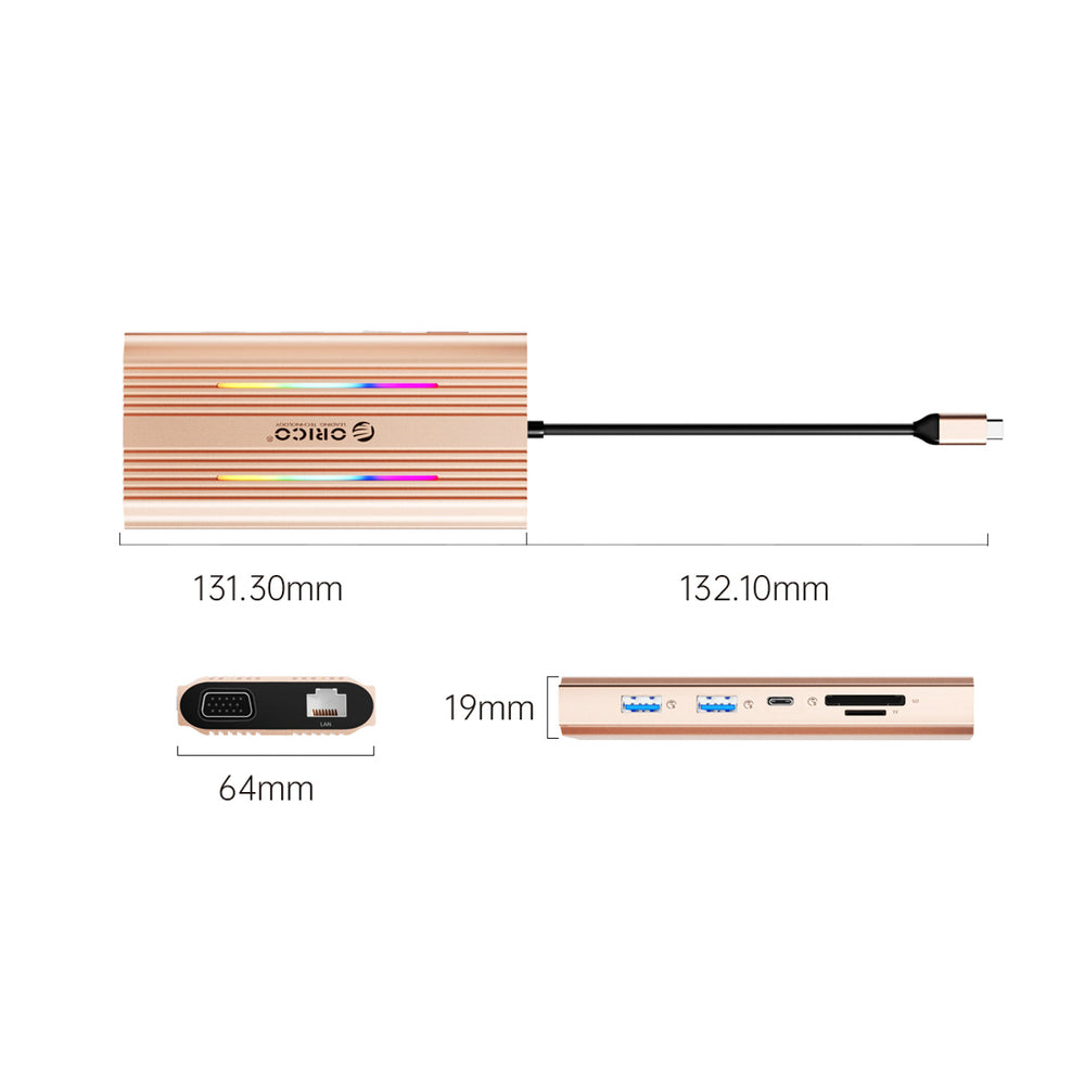 Orico XDR 12in1 RGB USB-C Docking Station 3x USB-A USB-C PD 100W HDMI 4K VGA RJ45 Gigabit SD and microSD Card Reader - Rose Gold_2