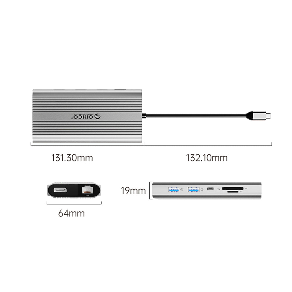 Orico XDR 12in1 USB-C Docking Station USB-A USB-C 2x HDMI 4K 60Hz DisplayPort 4K 60Hz RJ45 Gigabit PD 100W SD and microSD Card Reader - Silver_1