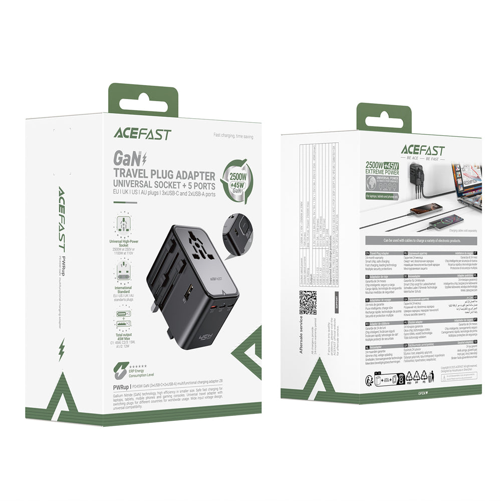 Wall Charger Acefast Z8 Travel, 45W, 3A, 2 x USB-A - 3 x USB-C, Black_7