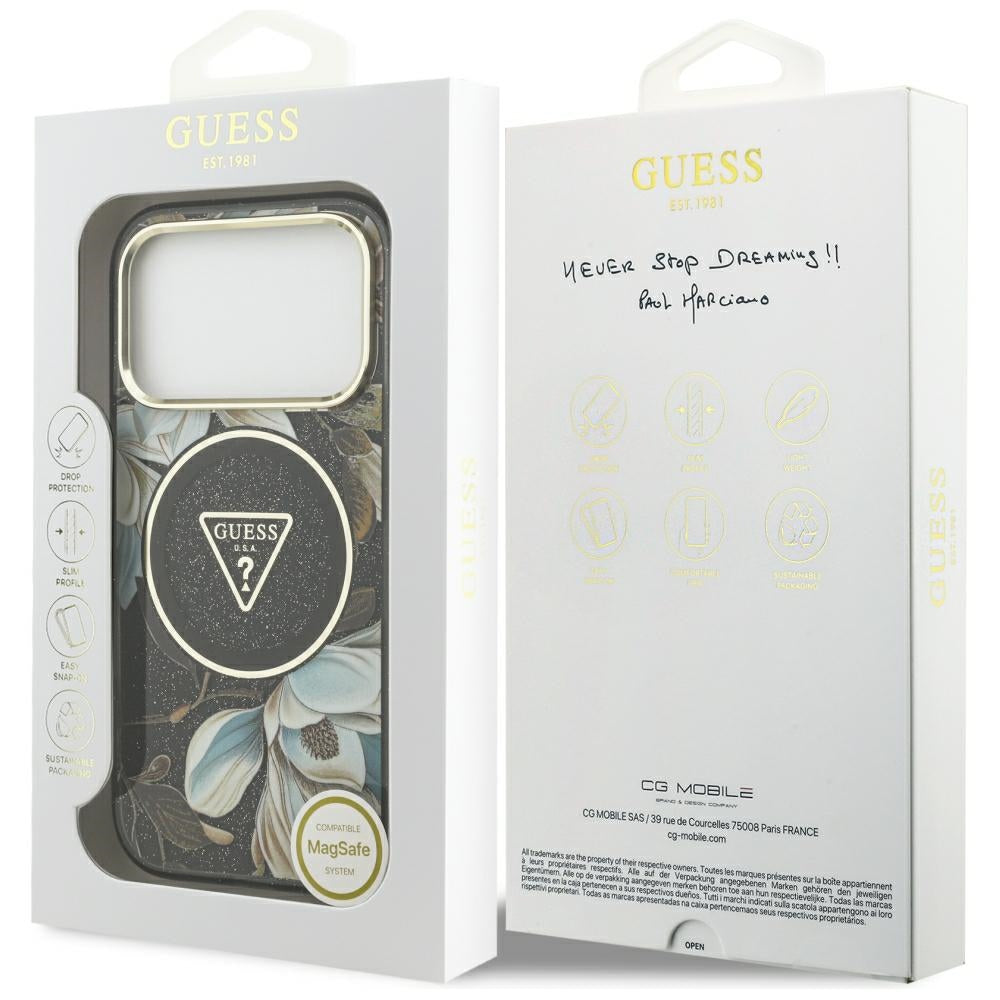 Guess IML Glitter Flowers Triangle MagSafe Case for iPhone 17 Pro / 18 Pro - Black_7