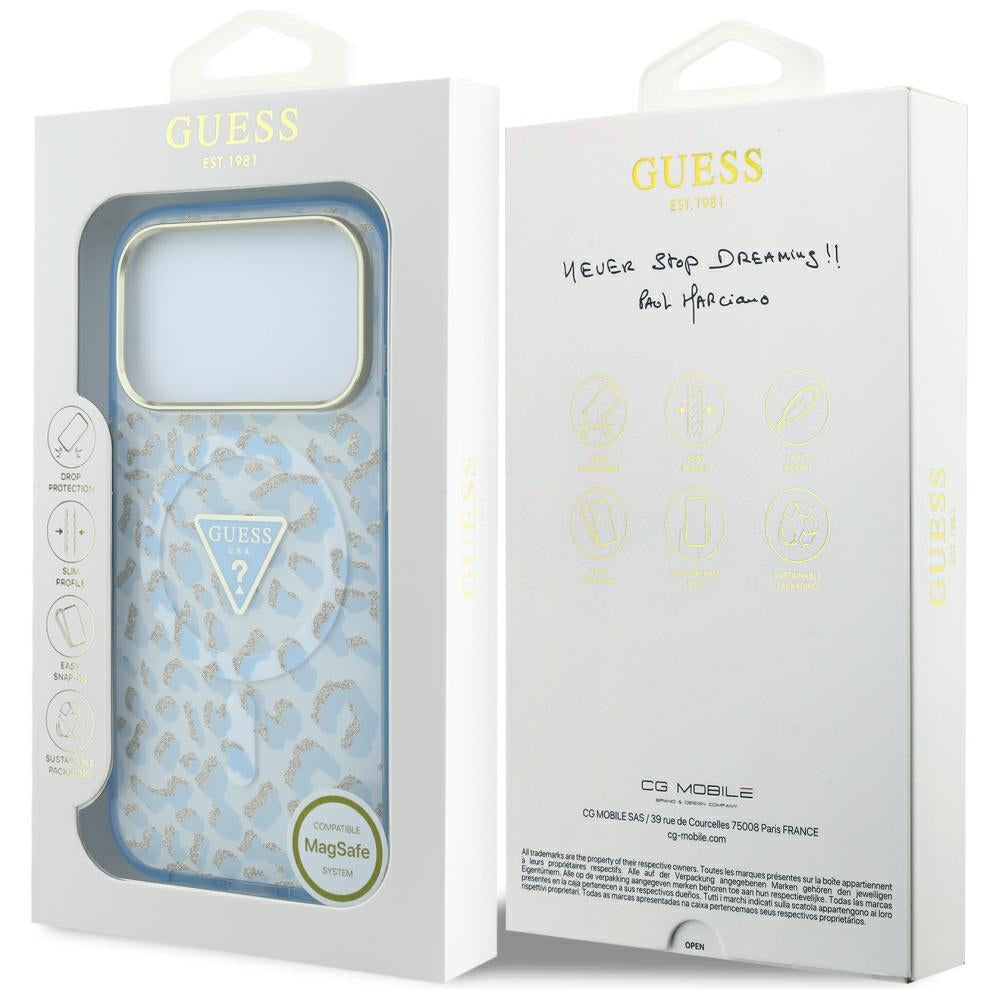 Guess IML Leopard Glitter Triangle Logo MagSafe Case for iPhone 17 Pro Max / 18 Pro Max - Blue_7