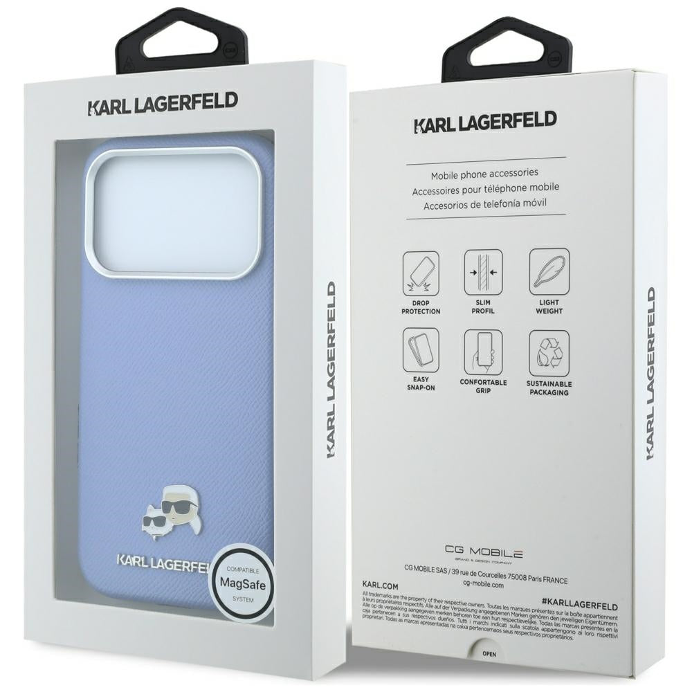 Hard Case Karl Lagerfeld Grained Karl & Choupette Head's Metal with MagSafe for Apple iPhone 18 Pro / 17 Pro, Light Blue_7