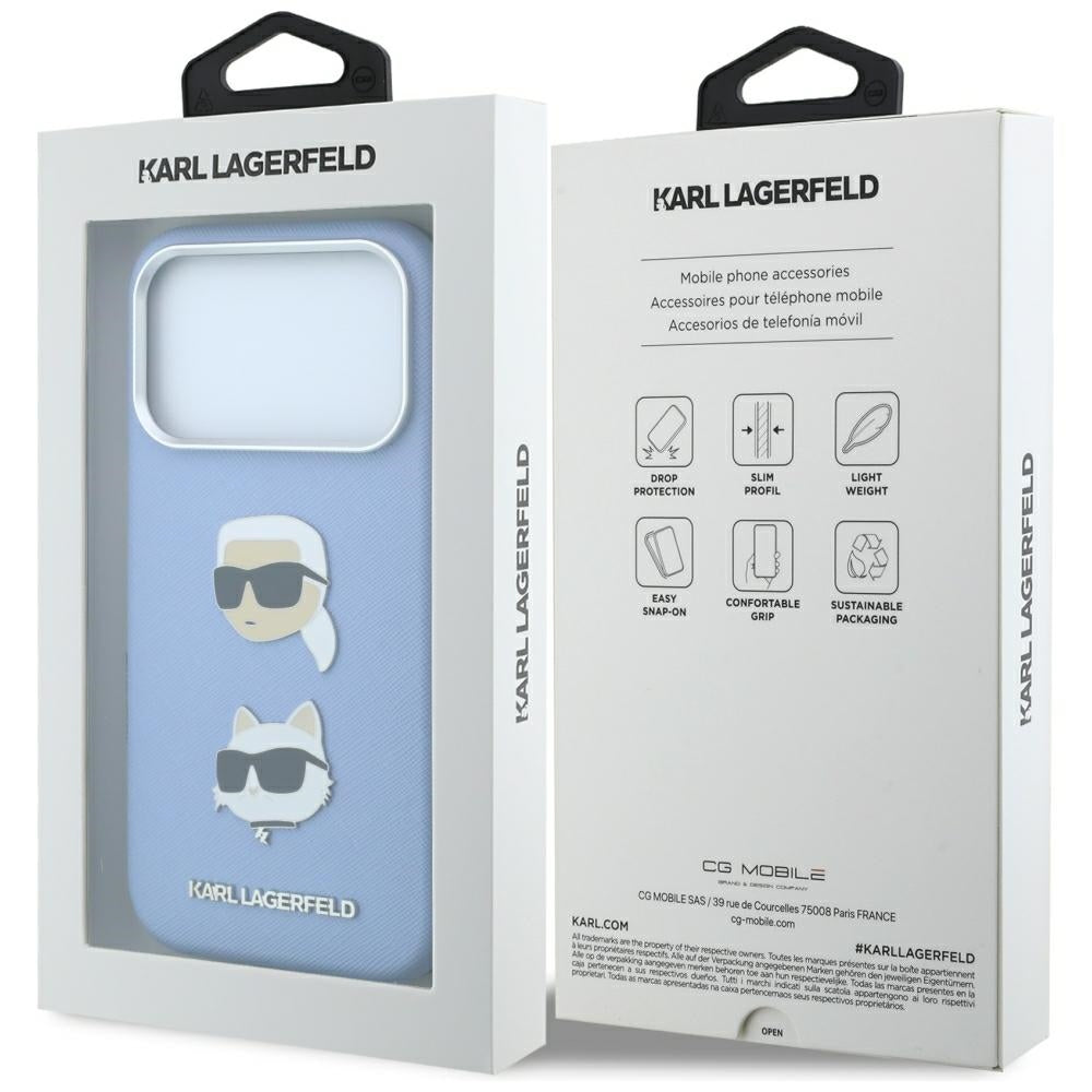 Karl Lagerfeld Saffiano with Karl & Choupette Heads Pins & Logo case for iPhone 18 Pro / 17 Pro - light blue_7