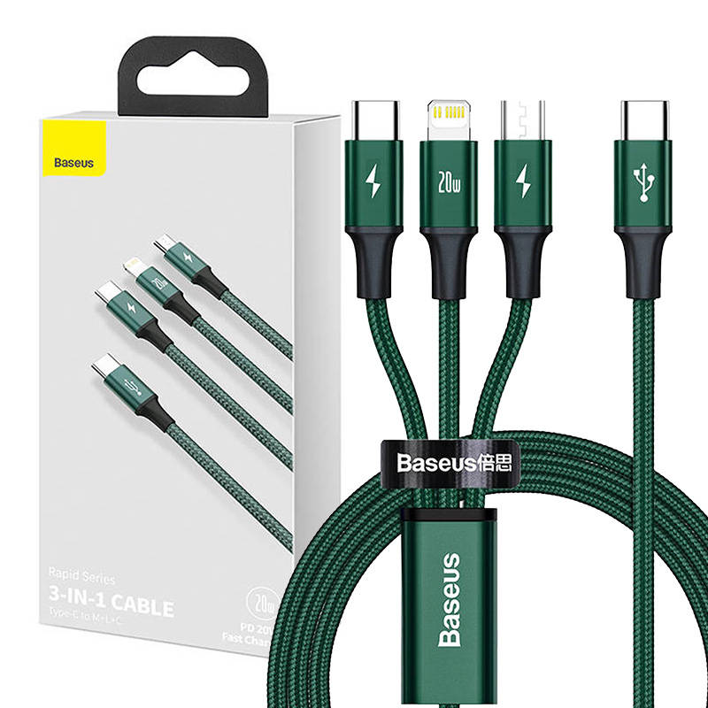 Baseus Rapid Series 3in1 USB-C - USB-C / Lightning / micro USB cable 20W PD 1.5m - green_1