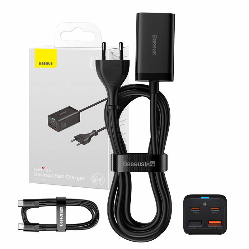 Baseus GaN3 Pro fast charger GaN 2 x USB Type C / 2 x USB 65W PD, QC4.0+, AFC, PPS + cable USB Type C - USB Type C 1m black (CCGP040101)_1