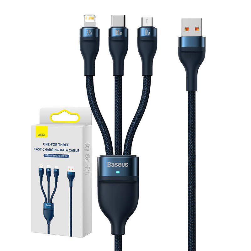 3in1 USB cable Baseus Flash Series, USB-C + micro USB + Lightning, 100W, 1.2m (blue)_0