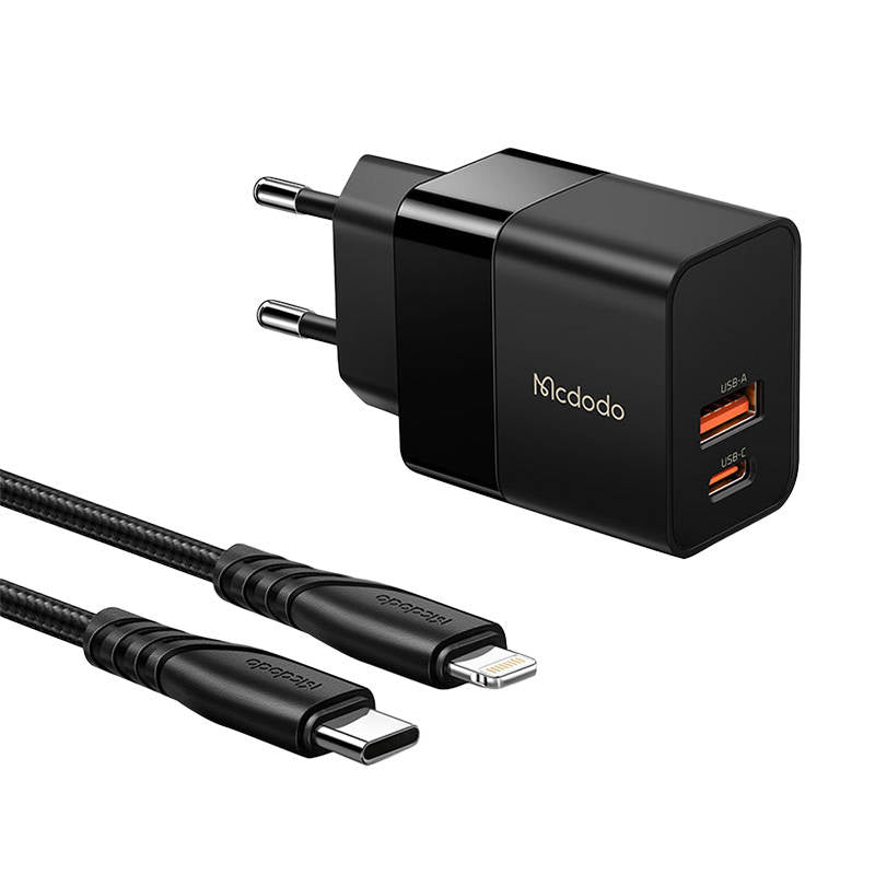 Wall charger Mcdodo CH-1952 USB + USB-C, 20W + USB-C to Lightning cable (black)_0