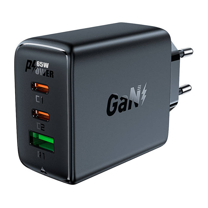 Wall charger Acefast A41, 2x USB-C + USB, GaN 65W (black)_0