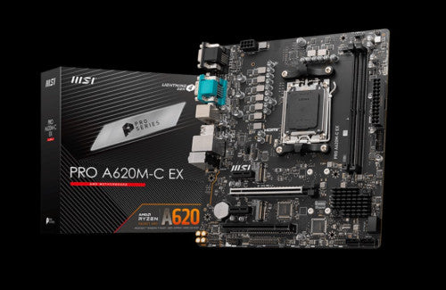 PLACA MSI PRO A620M-C EX,AMD,AM5,A620,2DDR5,128GB,VGA+DVI+HDMI+DP,GBLAN,4SATA6.0+2XM.2,4USB3.2+1USB3.2 TYPE-C,MATX_0