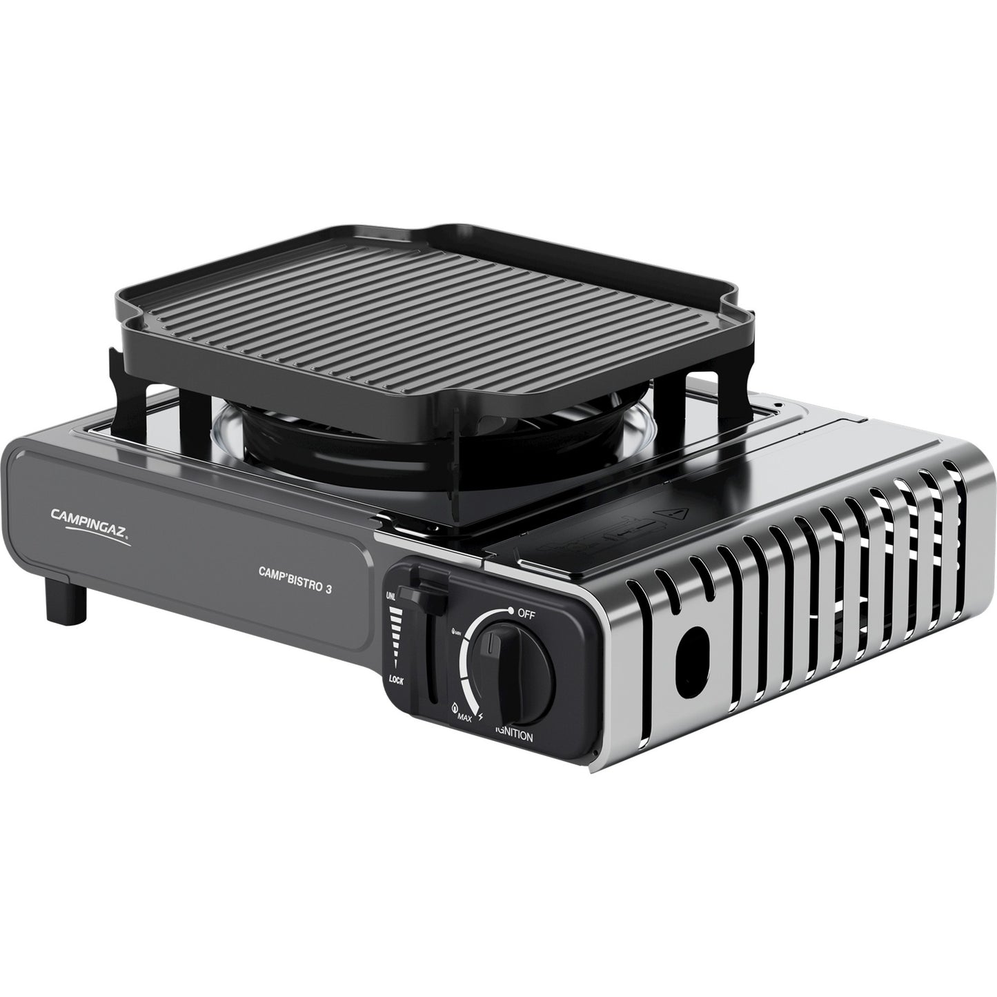 Fogão a gás de campismo Campingaz Camp'Bistro 3 em alumínio fundiddo c/ placa de grelhar