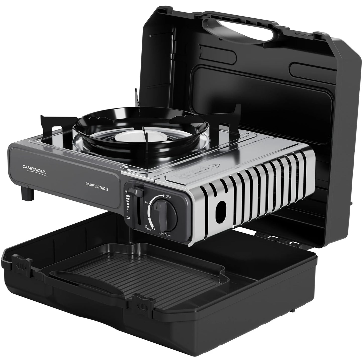 Fogão a gás de campismo Campingaz Camp'Bistro 3 em alumínio fundiddo c/ placa de grelhar