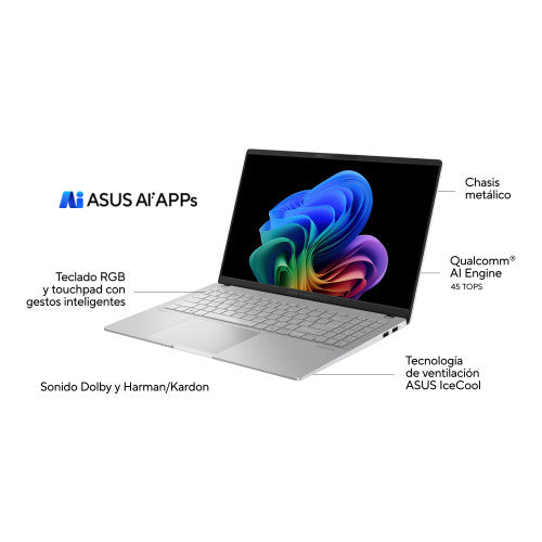 ASUS Vivobook S 15 OLED S5507QA-MA006W Copilot+ PC - Ordenador Portátil 15.6" Wide Quad HD+ 120Hz (Qualcomm Snapdragon X1E78100, 16GB RAM, 1TB SSD, Adreno GPU, Windows 11 Home) Plata FrÃa - Teclado QWERTY español_2