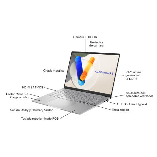 ASUS Vivobook S 14 OLED OLED M5406WA-QD088W Copilot+ PC - Ordenador Portátil 14" WUXGA (AMD Ryzen AI 9 HX 370, 32GB RAM, 1TB SSD, AMD Radeon 890M, Windows 11 Home) Plata FrÃa - Teclado QWERTY español_4